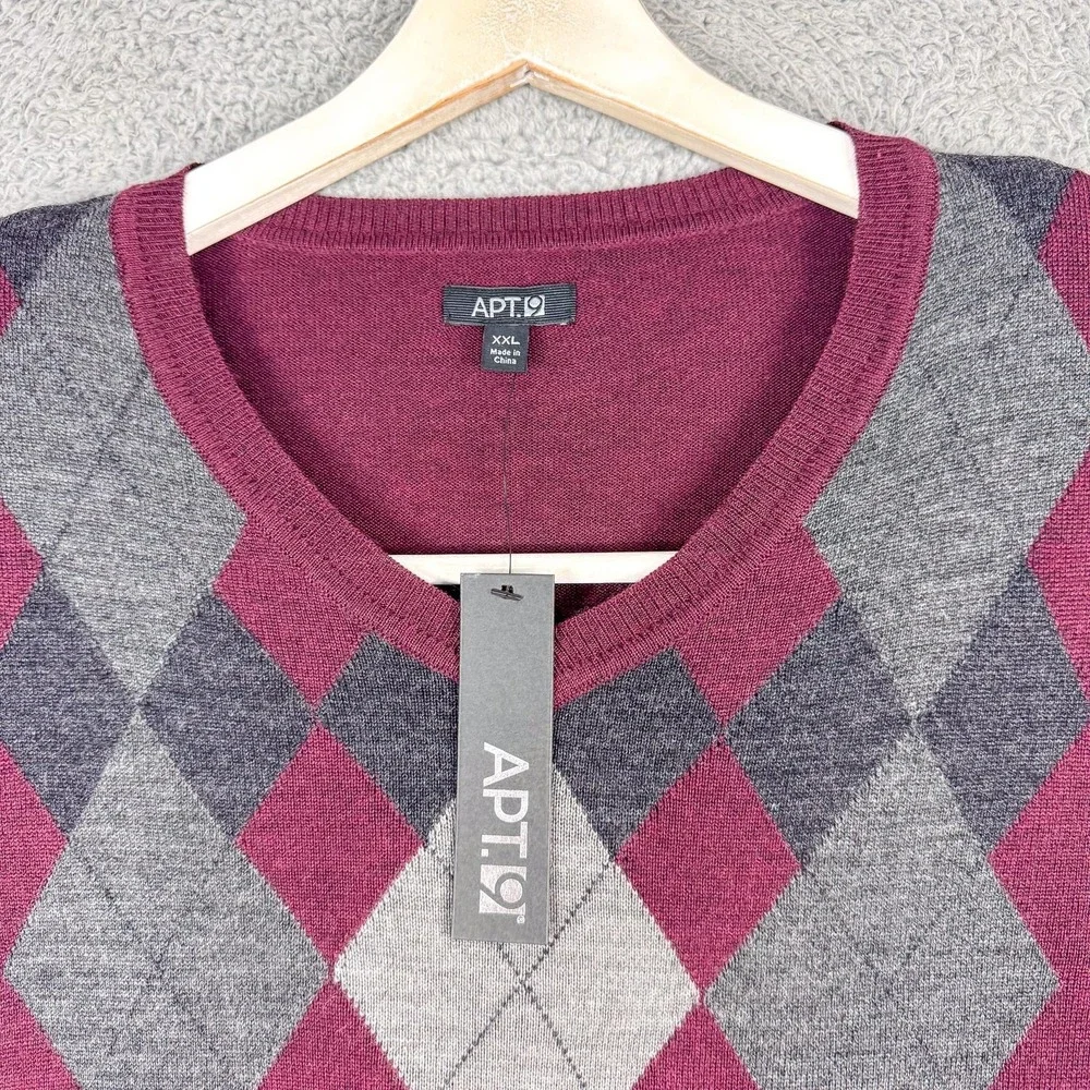 Apt 9 Sweater Mens 2XL Burgundy Merino Wool Argyle V‎ Neck Long Sleeve Kohls